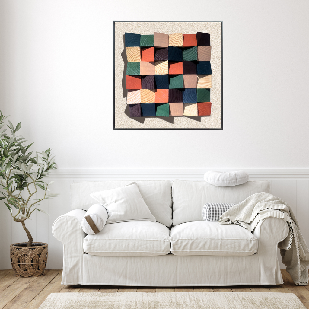 3D Rustic Sculptured Wood Wall Art above a modern white couch in a stylish living room decor.