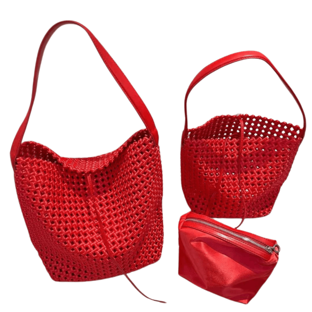 Hollow-Out Woven Bucket Bags with Inner Zipper Pouch Handbag in vibrant red color.