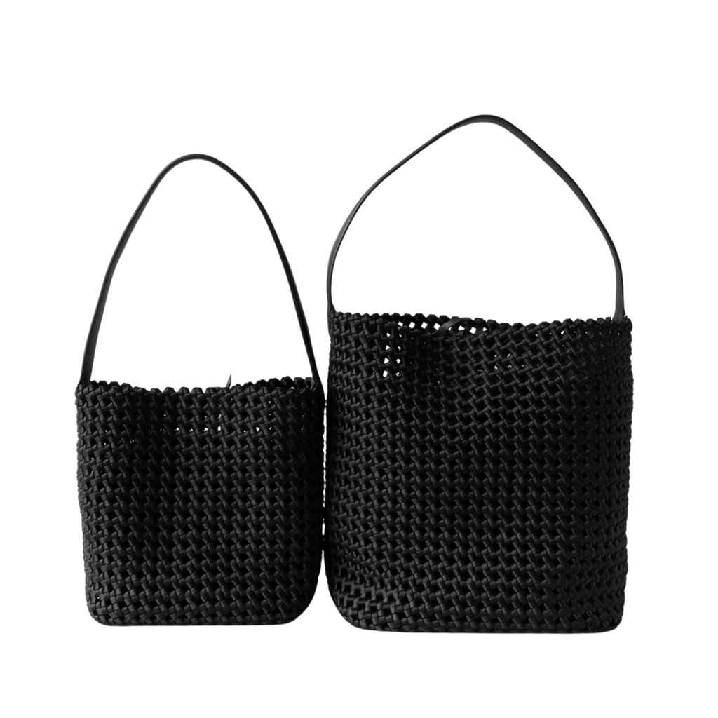 Hollow-Out Woven Bucket Bags with Inner Zipper Pouch Handbag displayed in black, showcasing their stylish design and versatility.