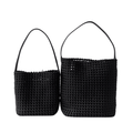 Hollow-Out Woven Bucket Bags with Inner Zipper Pouch Handbag displayed in black, showcasing their stylish design and versatility.