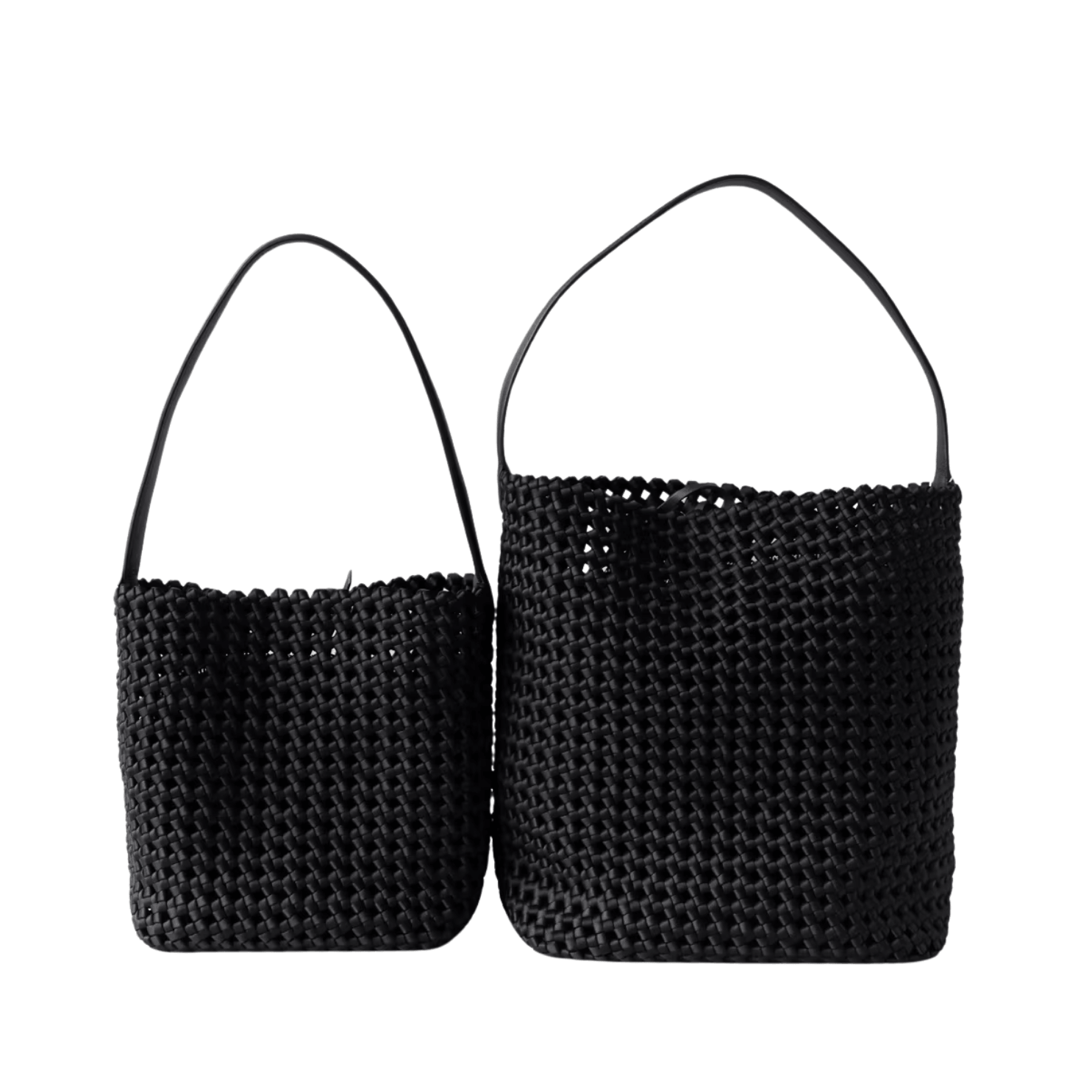 Hollow-Out Woven Bucket Bags with Inner Zipper Pouch Handbag displayed in black, showcasing their stylish design and versatility.