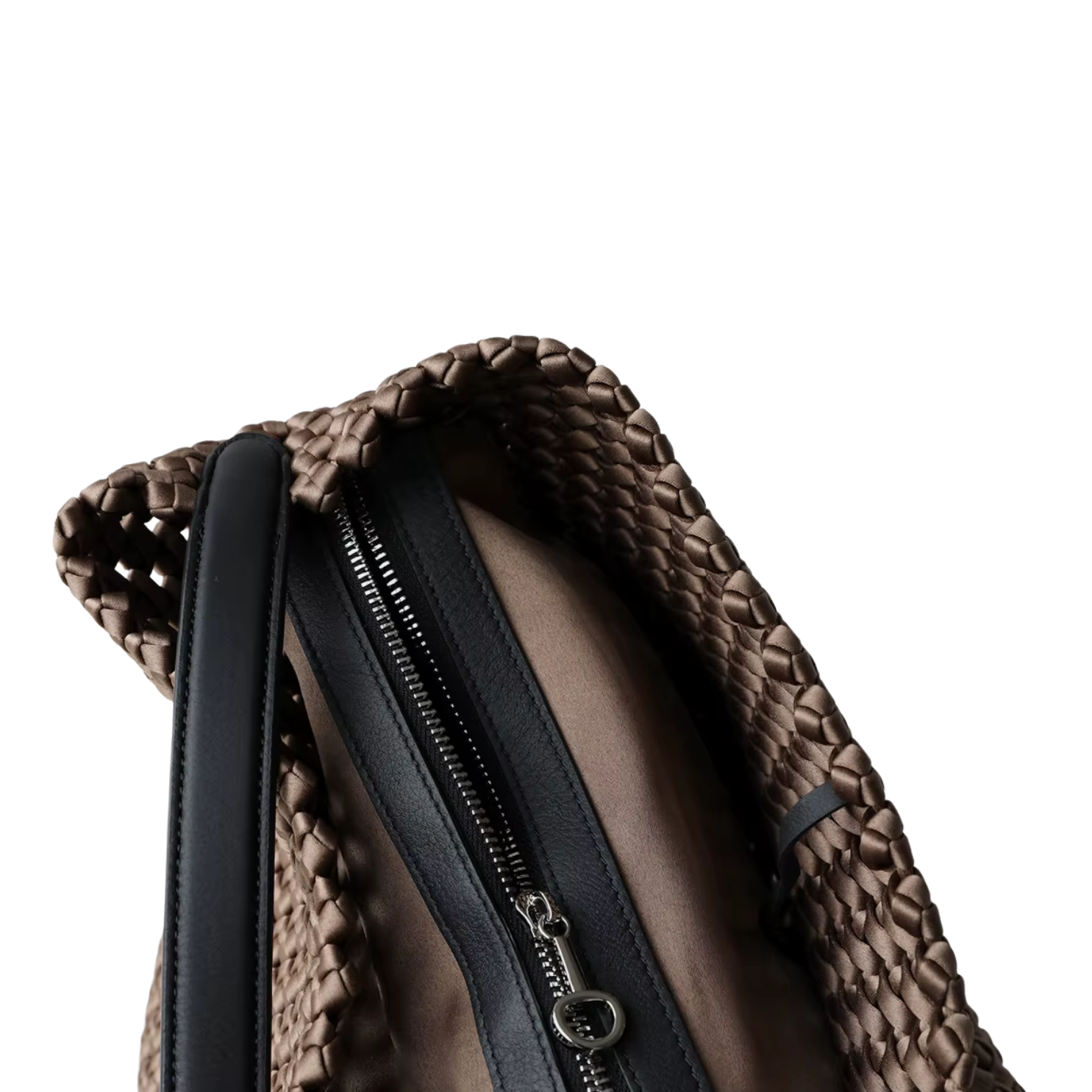 Hollow-Out Woven Yellow Bucket Bag with Inner Zipper Pouch top view showcasing intricate woven design and zipper pouch.