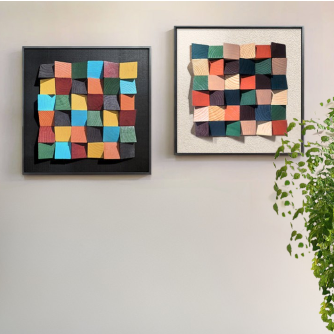 2 pieces of 3D Rustic Sculptured Wood Wall Art featuring colorful geometric designs in frames, displayed on a wall.