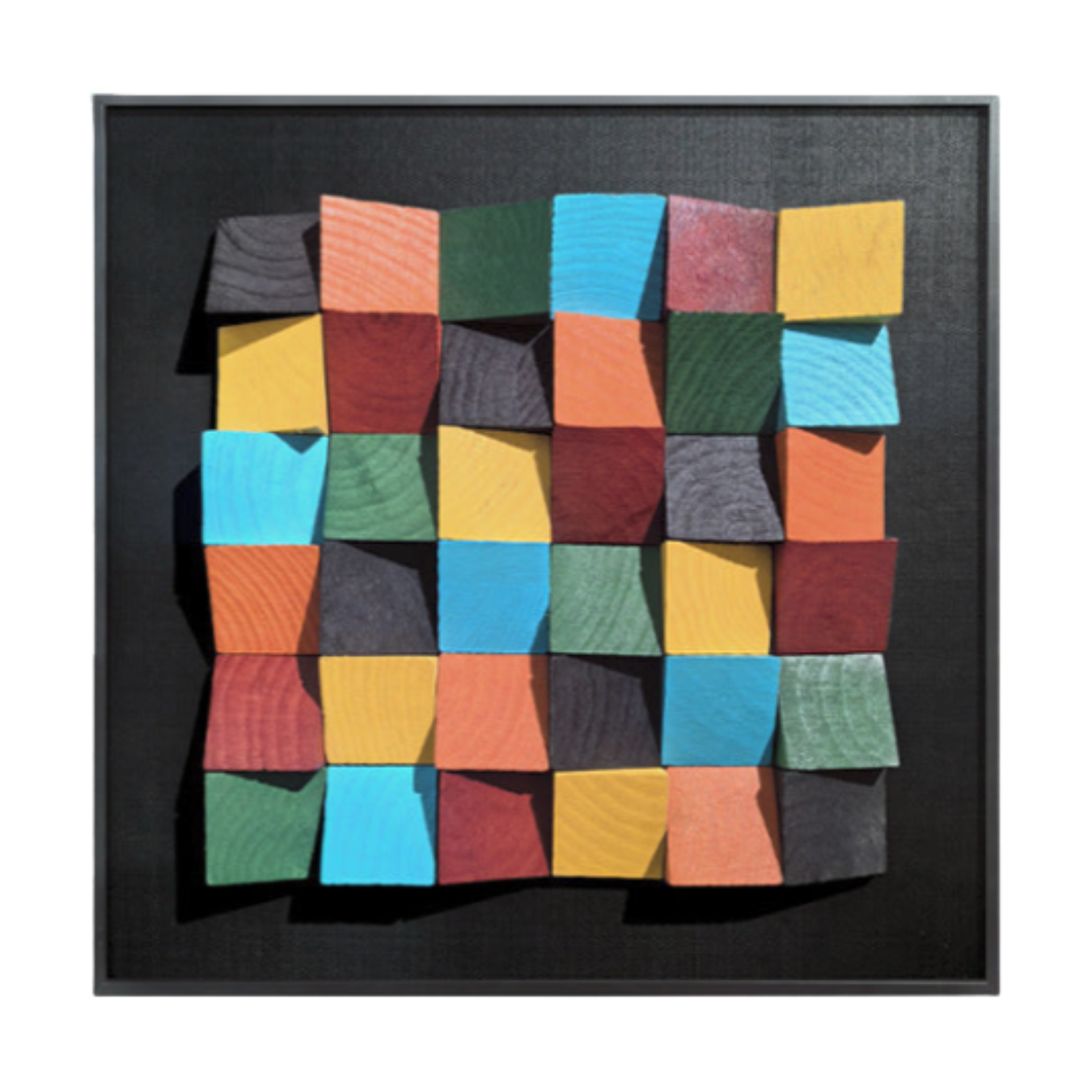 Colorful 3D Rustic Sculptured Wood Wall Art featuring geometric patterns in vibrant hues on a black background.