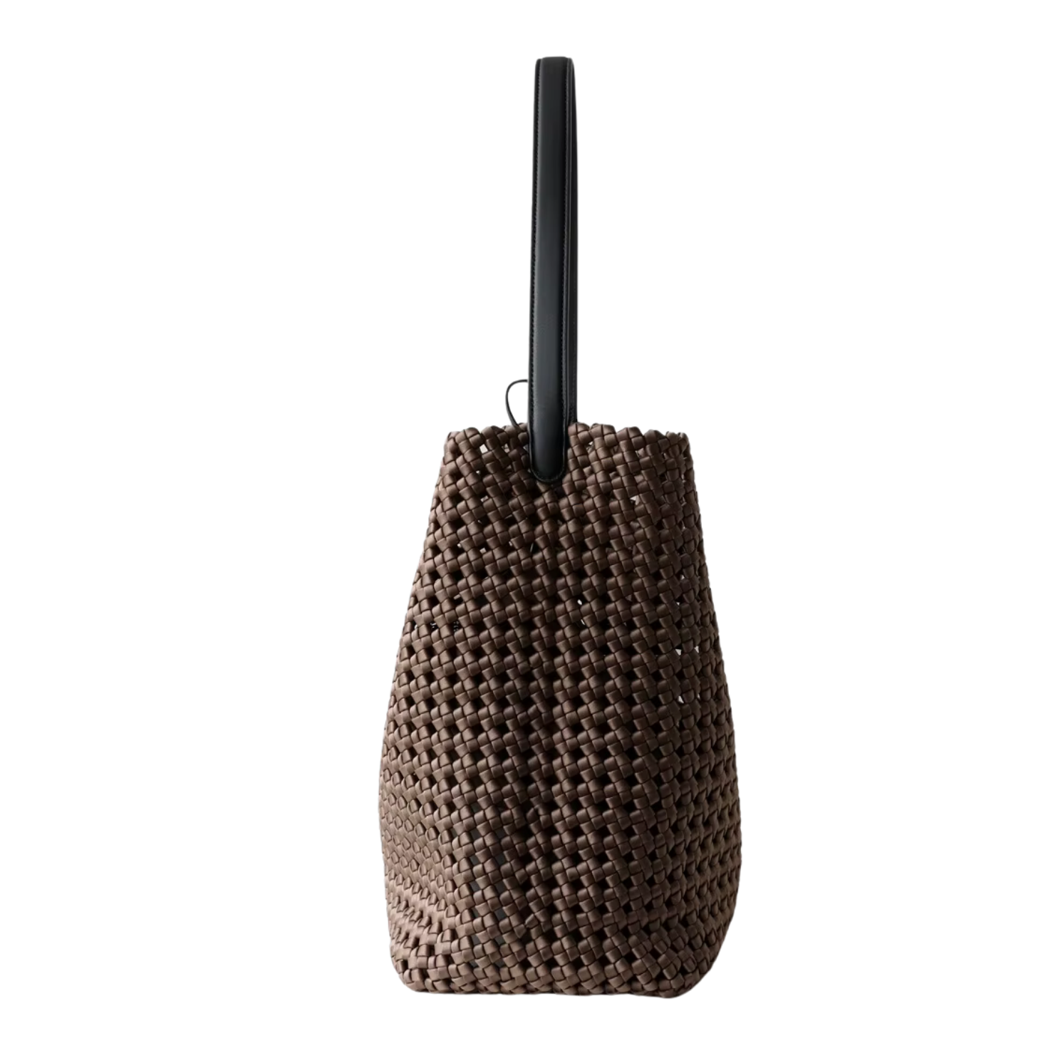 Hollow-Out Woven Yellow Bucket Bag with Inner Zipper Pouch side view showcasing its elegant design