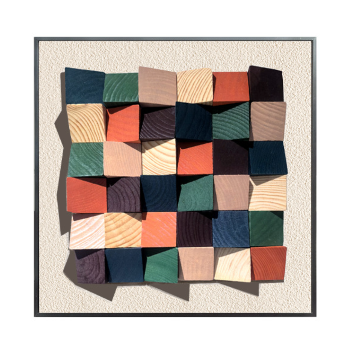 3D Rustic Sculptured Wood Wall Art featuring colorful geometric wooden blocks arranged in a textured pattern.