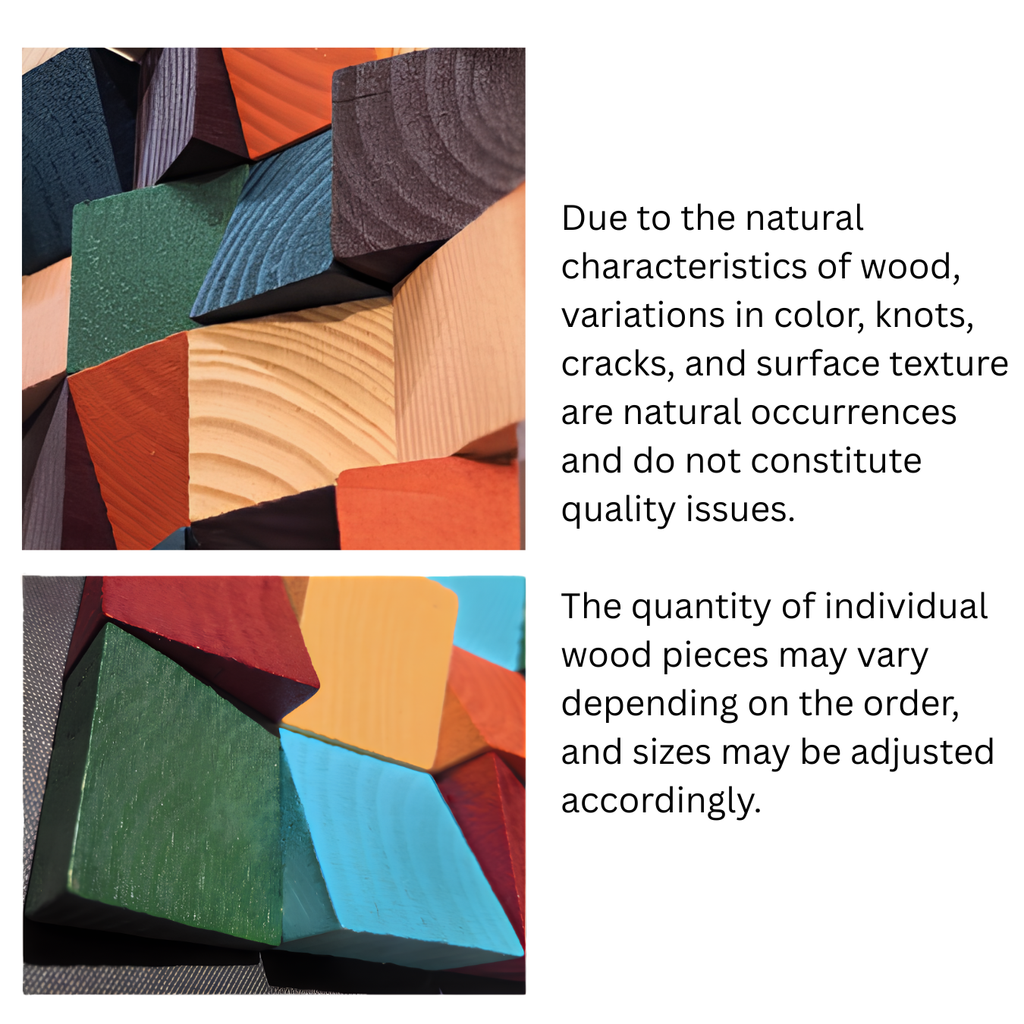 Close-up of 3D Rustic Sculptured Wood Wall Art showcasing colorful geometric wood pieces and natural texture variations.