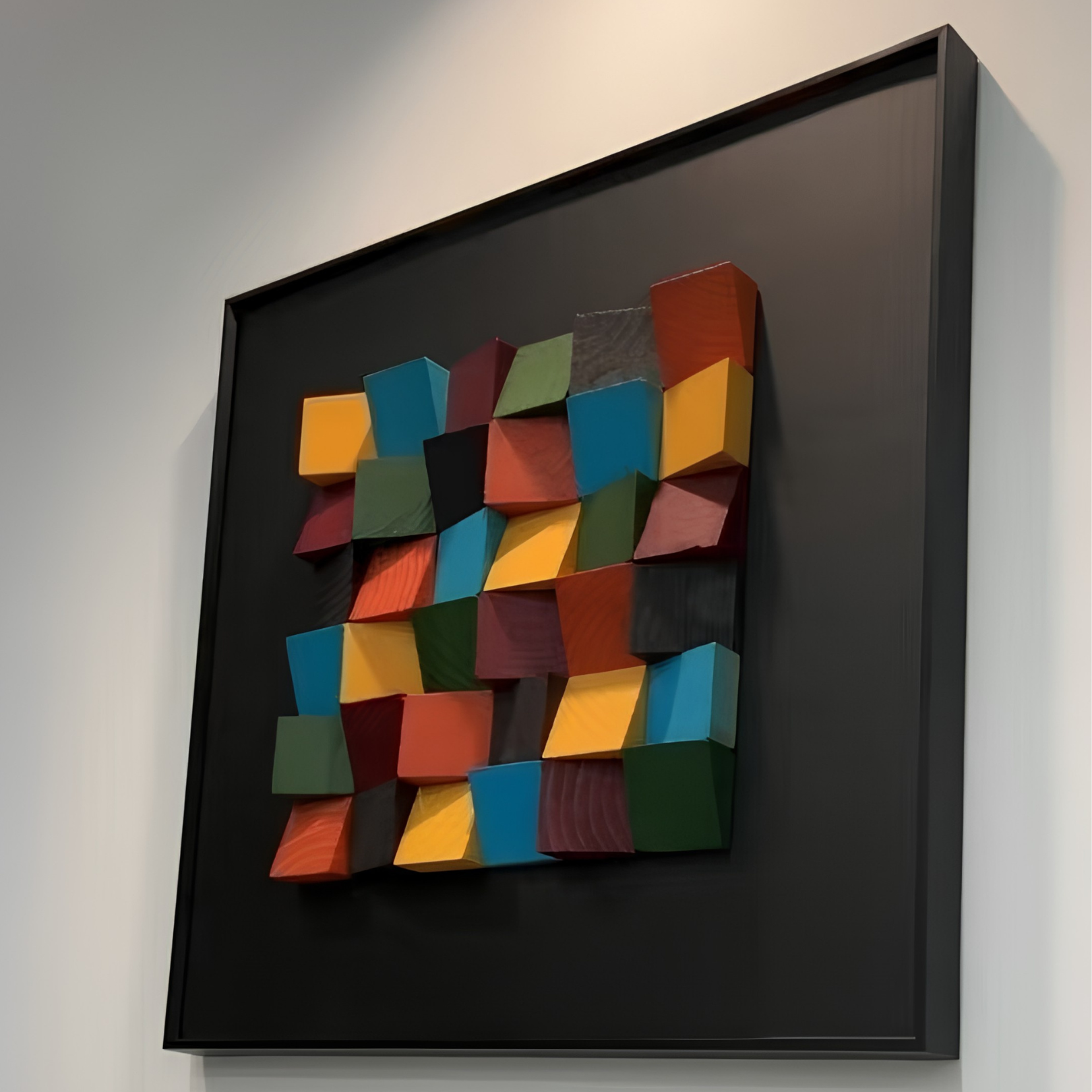 3D Rustic Sculptured Wood Wall Art featuring colorful geometric shapes in a modern frame, adding artistic flair to any space.