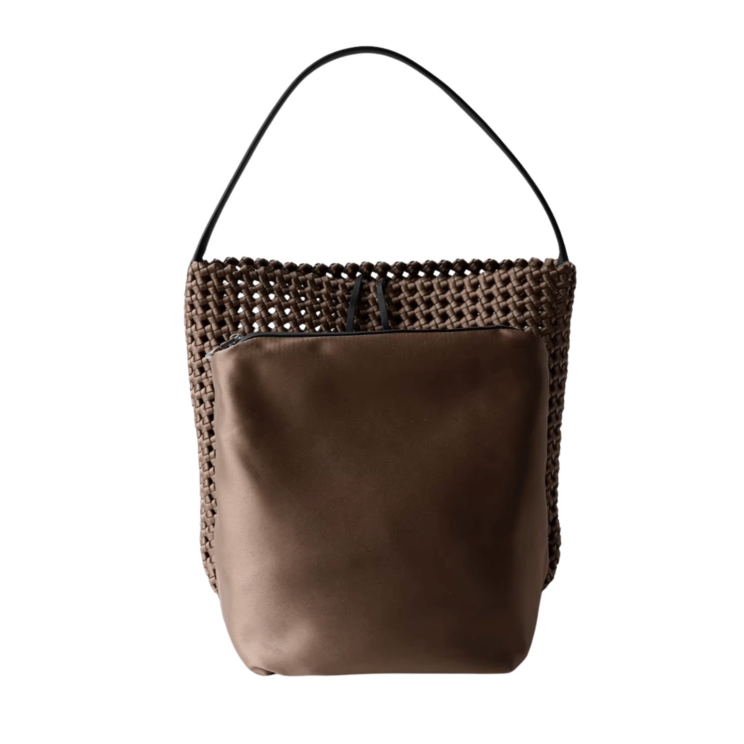 Hollow-Out Woven Bucket Bags with Inner Zipper Pouch Handbag in brown with a sleek design.