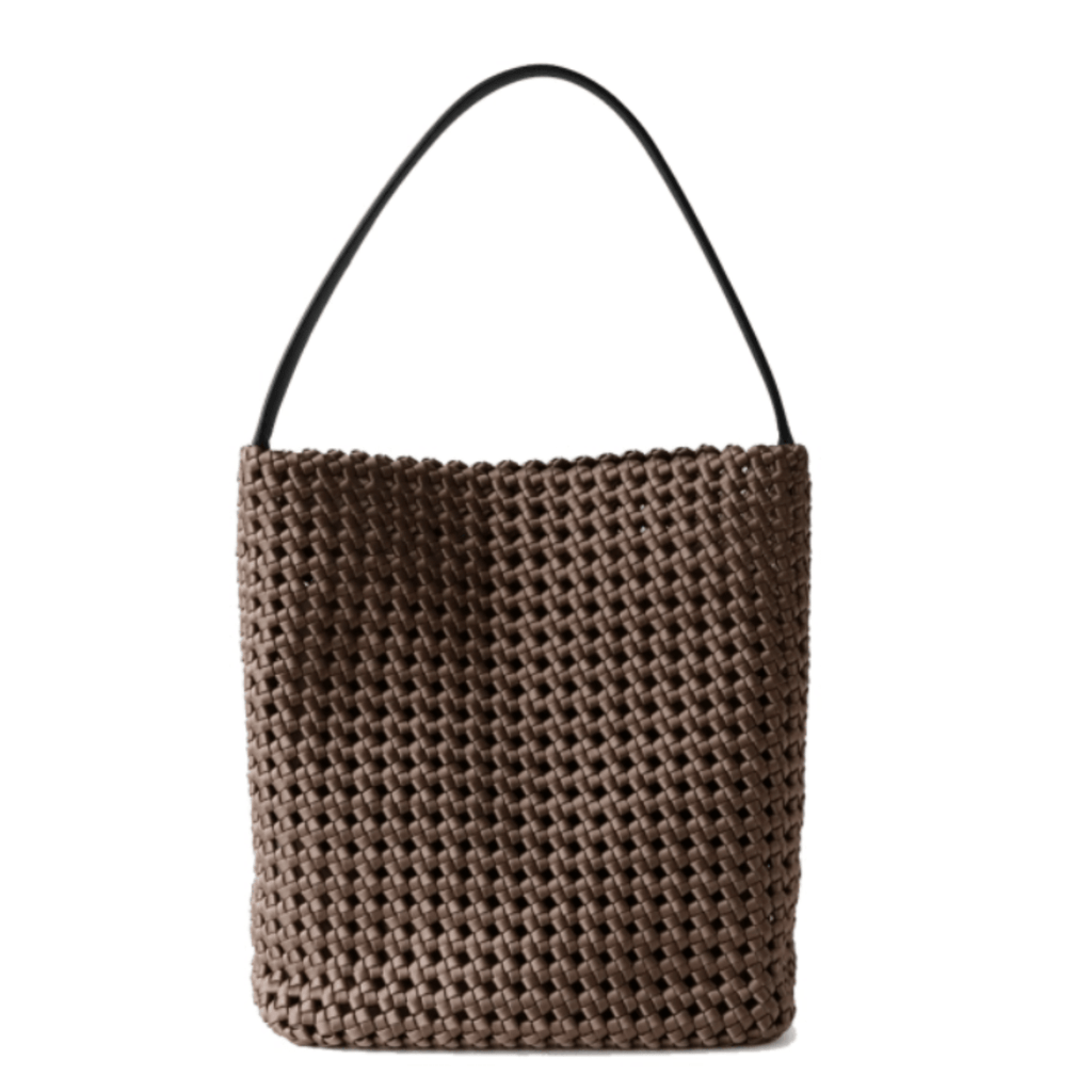 Hollow-Out Woven Bucket Bags with Inner Zipper Pouch Handbag in brown color.