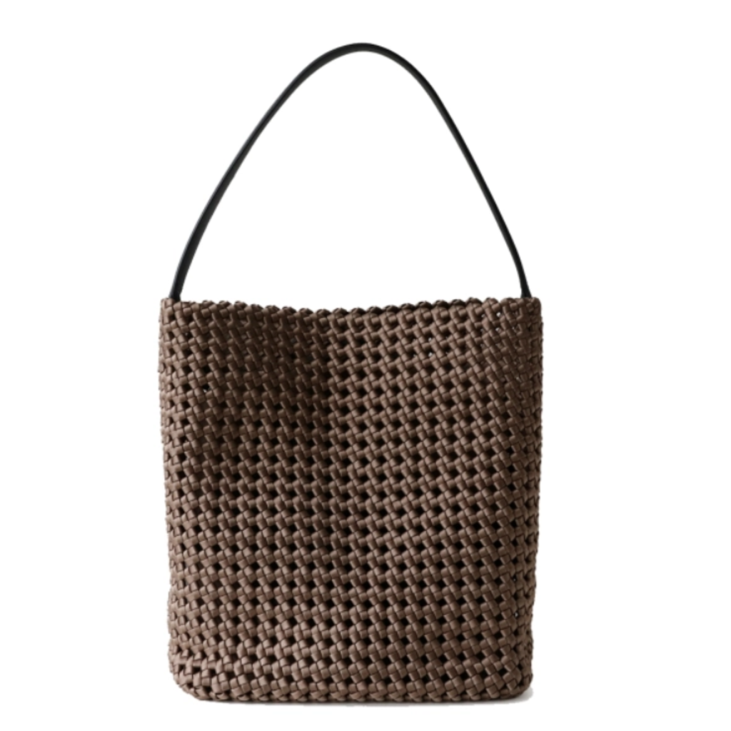 Hollow-Out Woven Yellow Bucket Bag with Inner Zipper Pouch displayed in a woven design with a black handle.
