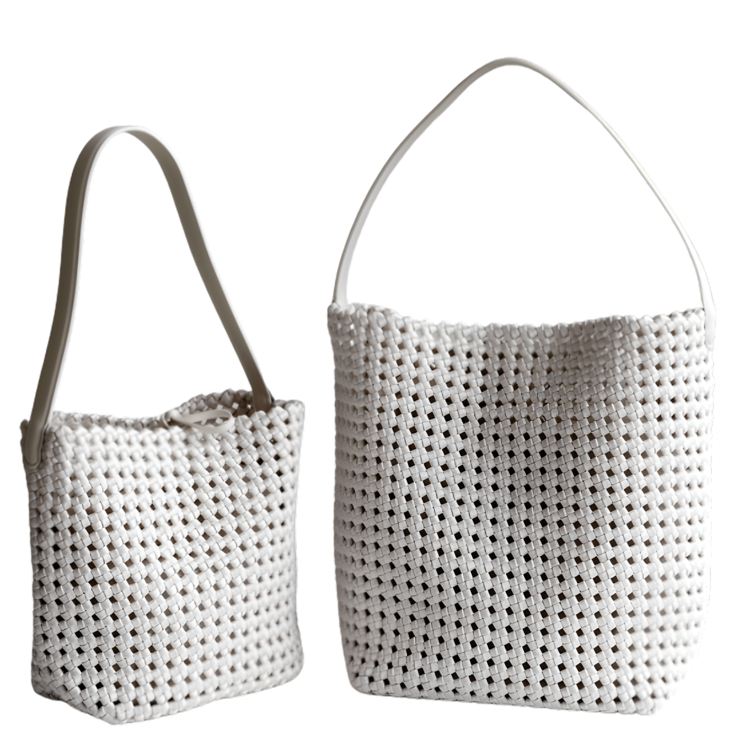 Hollow-Out Woven Bucket Bags with Inner Zipper Pouch Handbag for beach, showcasing two sizes in white woven material.