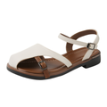 Elegant Closed Toe Flat Sandals Comfort Lightweight Shoes in white PU leather with adjustable buckle.