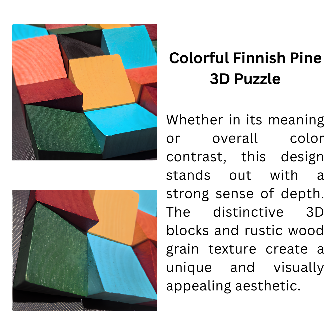 Colorful Finnish Pine 3D Puzzle showcasing textured blocks in vibrant colors creating a visually appealing aesthetic.