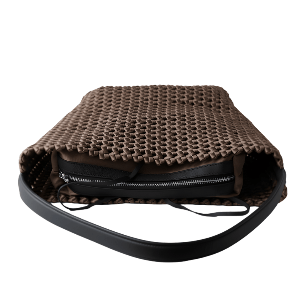 Hollow-Out Woven Bucket Bags with Inner Zipper Pouch Handbag showing stylish woven texture and inner zipper pouch.