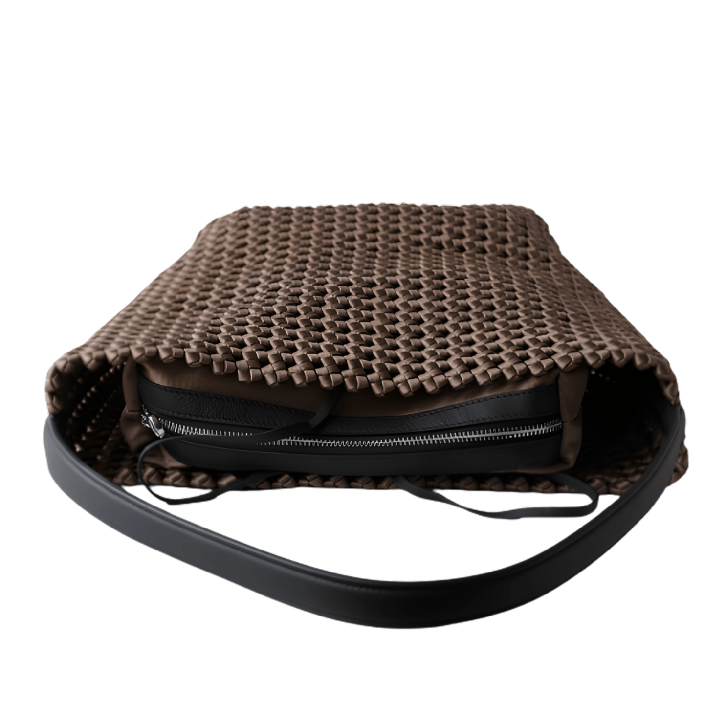Hollow-Out Woven Bucket Bags with Inner Zipper Pouch Handbag showing stylish woven texture and inner zipper pouch.