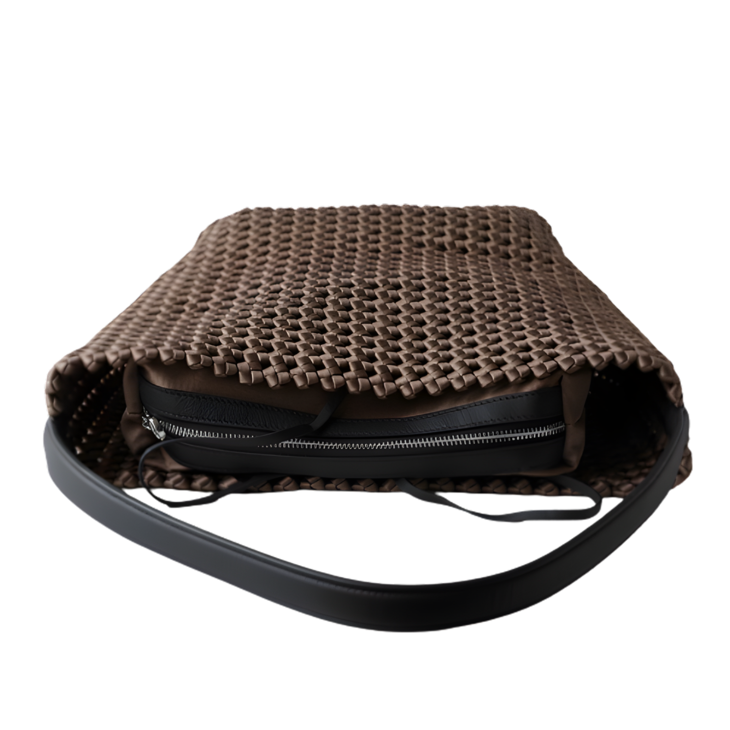 Hollow-Out Woven Yellow Bucket Bag with Inner Zipper Pouch displaying its woven texture and inner zipper pouch.