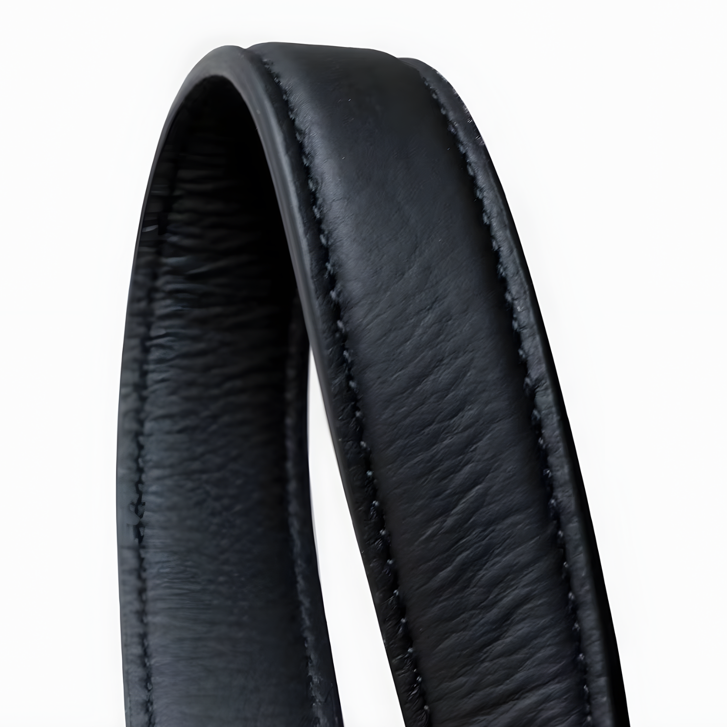Close-up of a stylish black leather band showcasing smooth texture and fine stitching details.