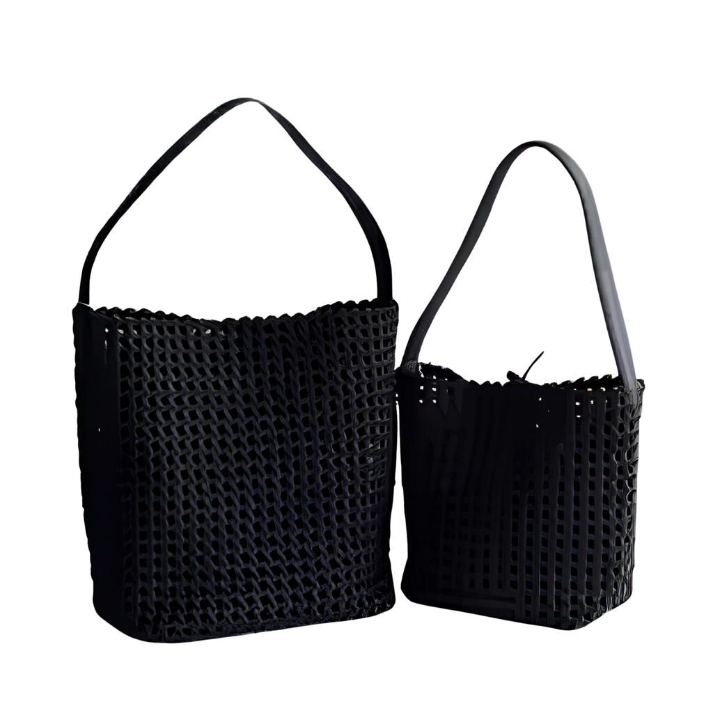 Hollow-Out Woven Yellow Bucket Bag with Inner Zipper Pouch in black color, showcasing a unique woven design.