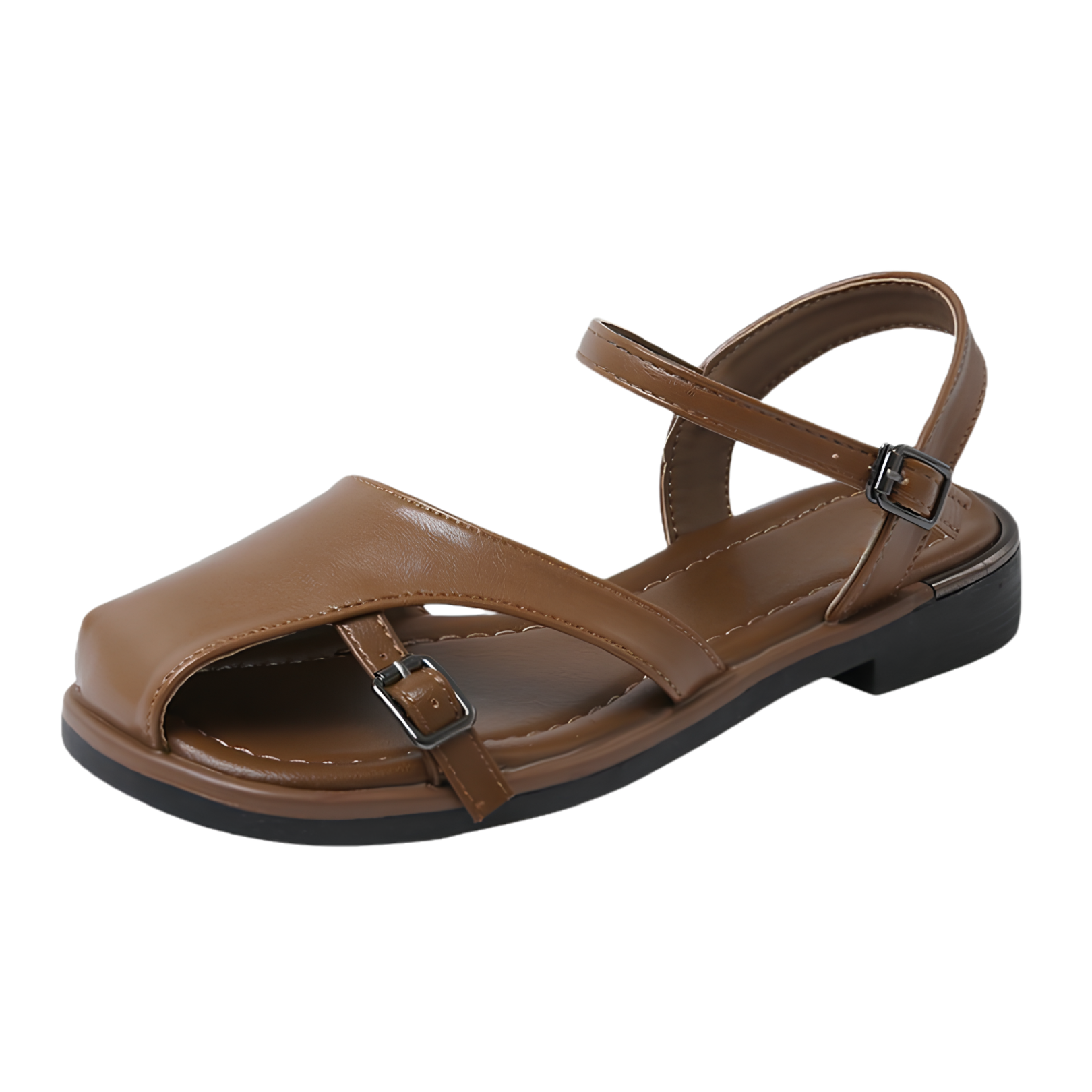 Elegant Closed Toe Flat Sandals Comfort Lightweight Shoes in brown PU leather with adjustable buckle strap.