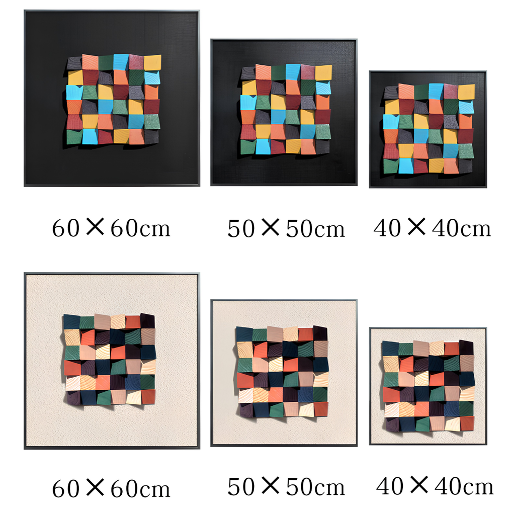 3D Rustic Sculptured Wood Wall Art in various sizes: 60x60cm, 50x50cm, and 40x40cm showcasing geometric design.