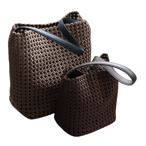 Hollow-Out Woven Bucket Bags with Inner Zipper Pouch Handbag in dark brown color, perfect for beach outings.