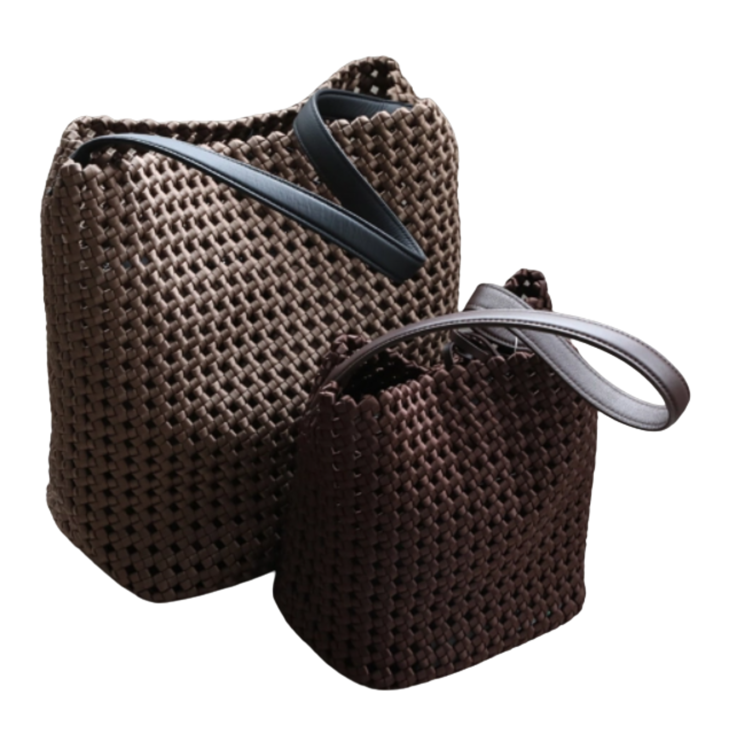 Hollow-Out Woven Yellow Bucket Bag with Inner Zipper Pouch alongside a pair of brown woven bags.