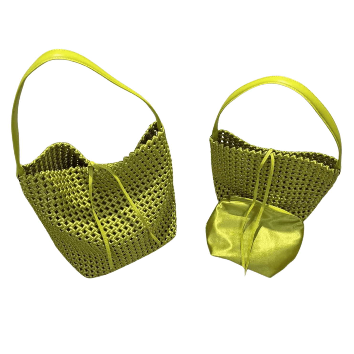 Hollow-Out Woven Bucket Bags with Inner Zipper Pouch Handbag in vibrant yellow, ideal for beach outings.