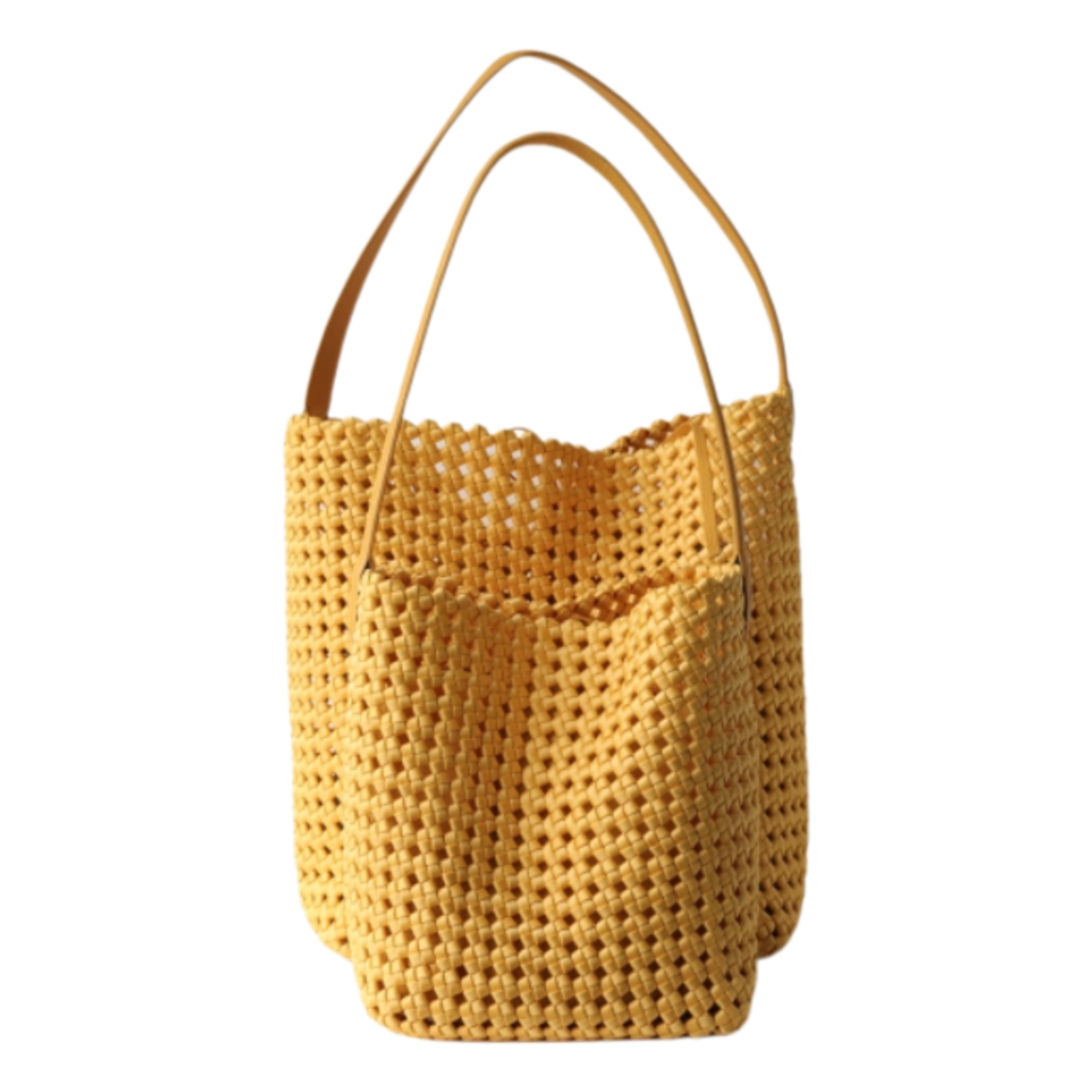 Hollow-Out Woven Yellow Bucket Bag with Inner Zipper Pouch featuring a stylish woven design and durable handles.