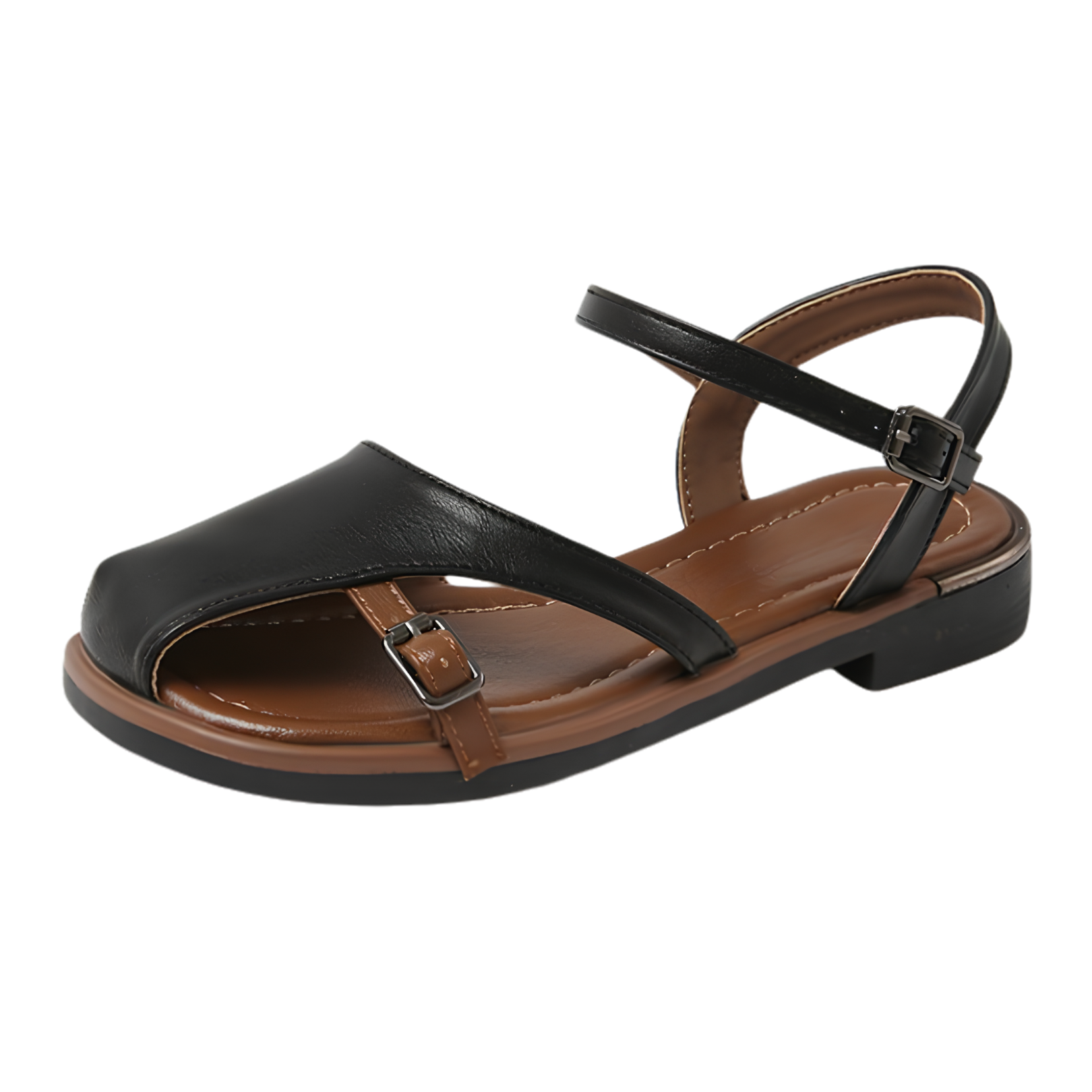 Elegant Closed Toe Flat Sandals Comfort Lightweight Shoes in black PU leather with adjustable buckle.