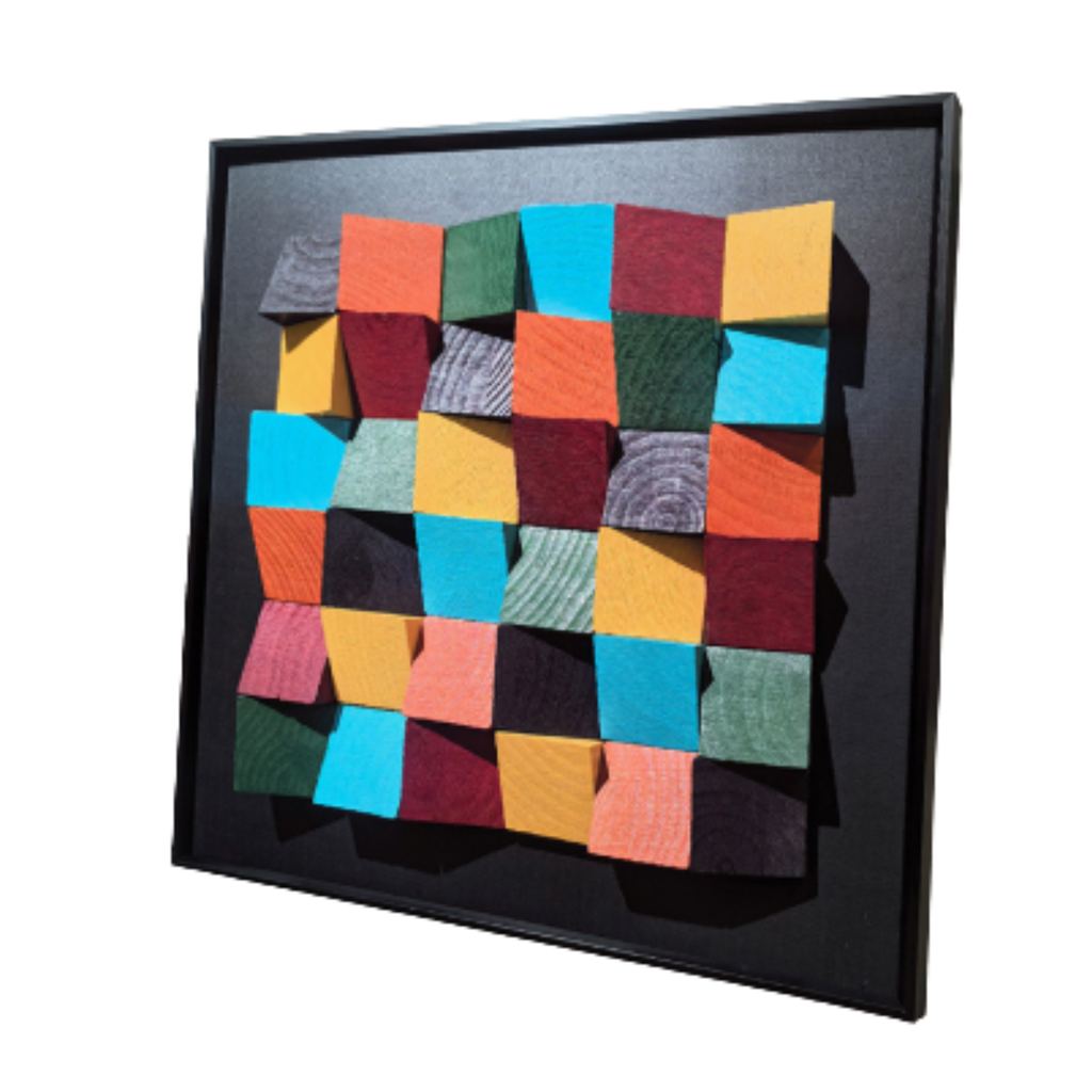 3D Rustic Sculptured Wood Wall Art featuring colorful geometric design with varied textures and vibrant colors.
