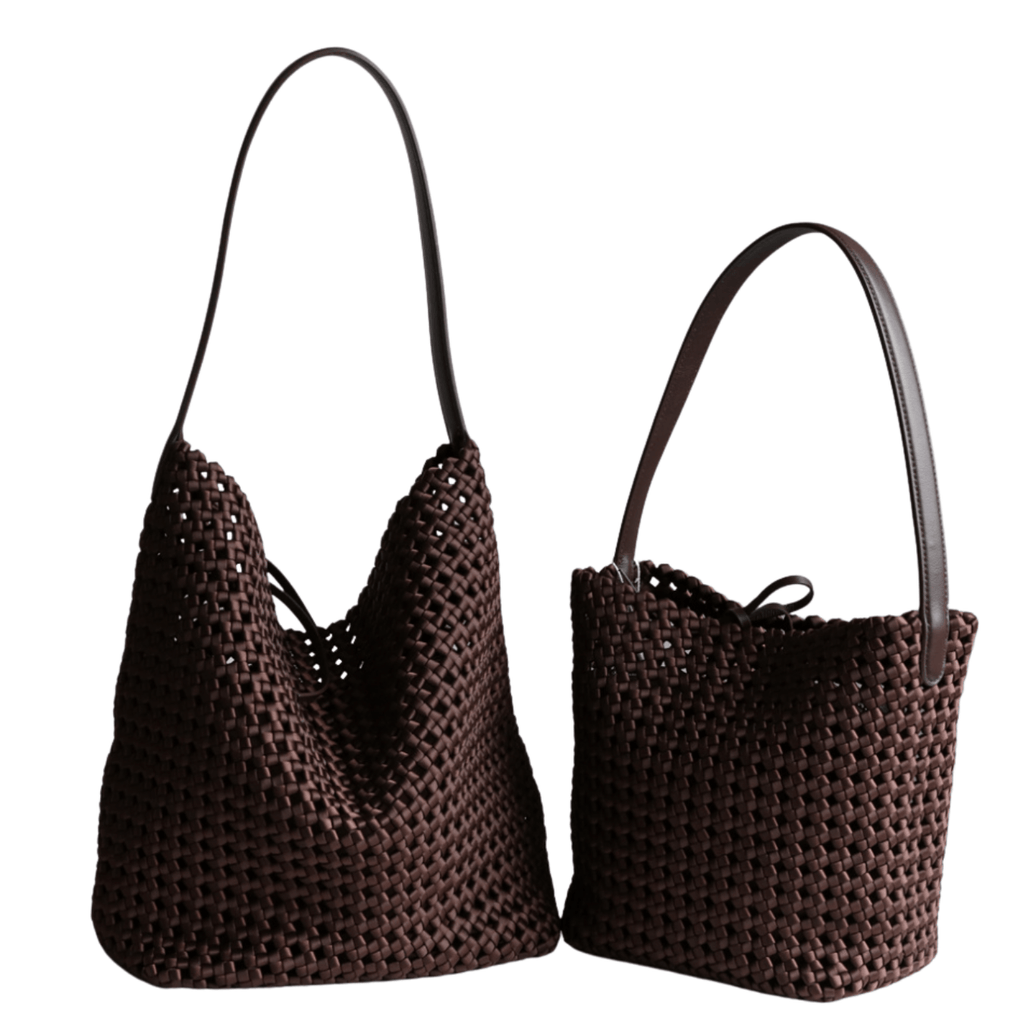 Hollow-Out Woven Bucket Bags with Inner Zipper Pouch Handbag for stylish beach outings.