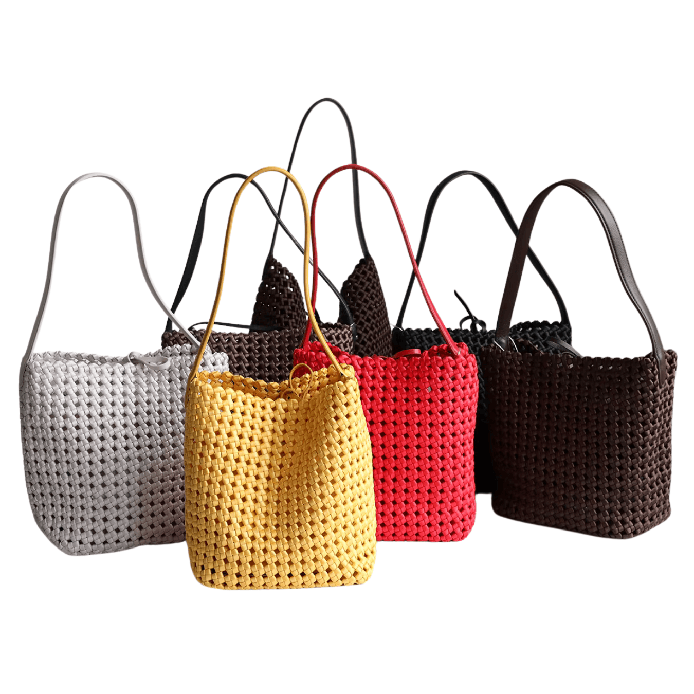 Hollow-Out Woven Bucket Bags with Inner Zipper Pouch Handbag in various colors.