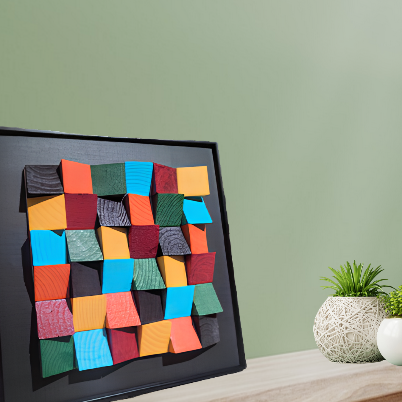 3D Rustic Sculptured Wood Wall Art featuring colorful geometric blocks on a stylish wall.