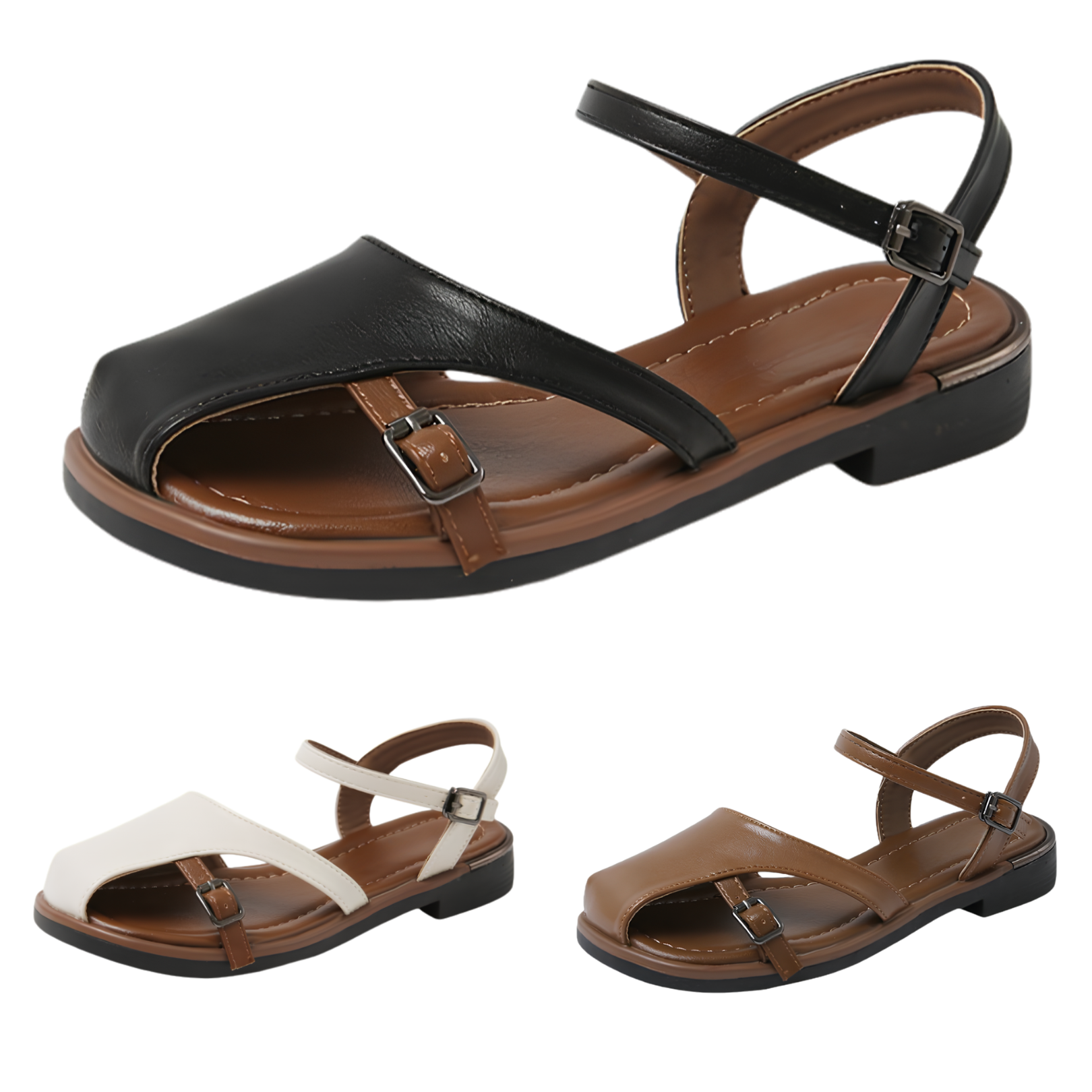 Elegant Closed Toe Flat Sandals Comfort Lightweight Shoes in black, white, and brown designs.
