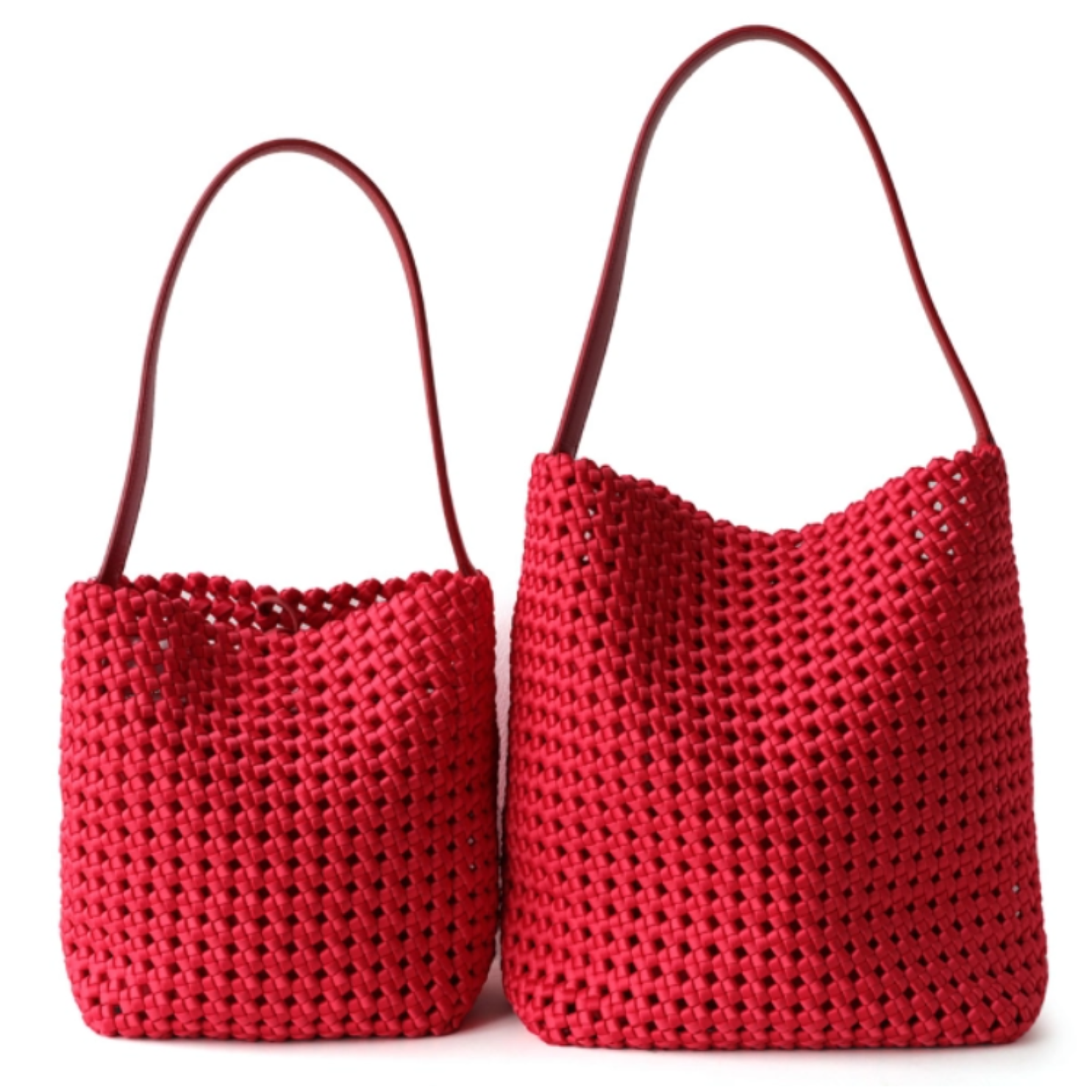 Hollow-Out Woven Yellow Bucket Bag with Inner Zipper Pouch displayed alongside two red woven bucket bags.