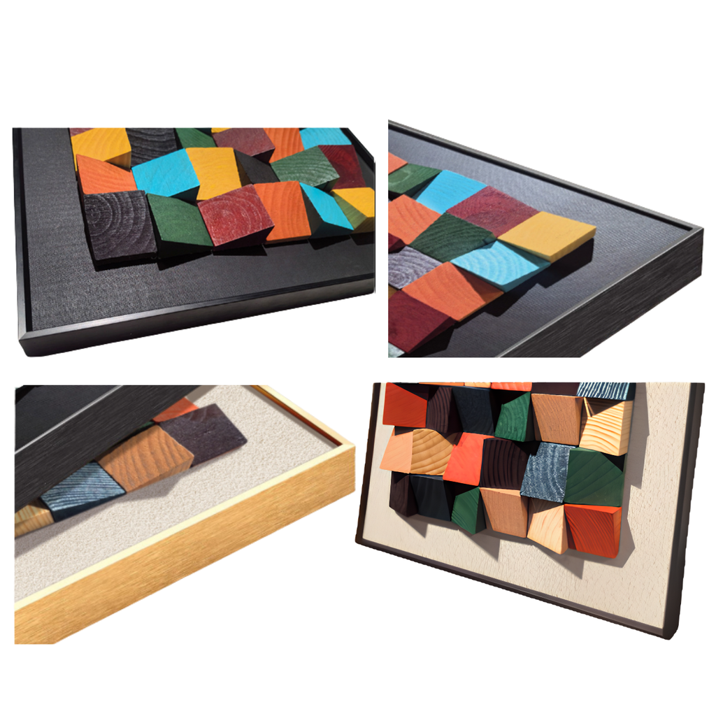 3D Rustic Sculptured Wood Wall Art featuring colorful geometric shapes on various frames.