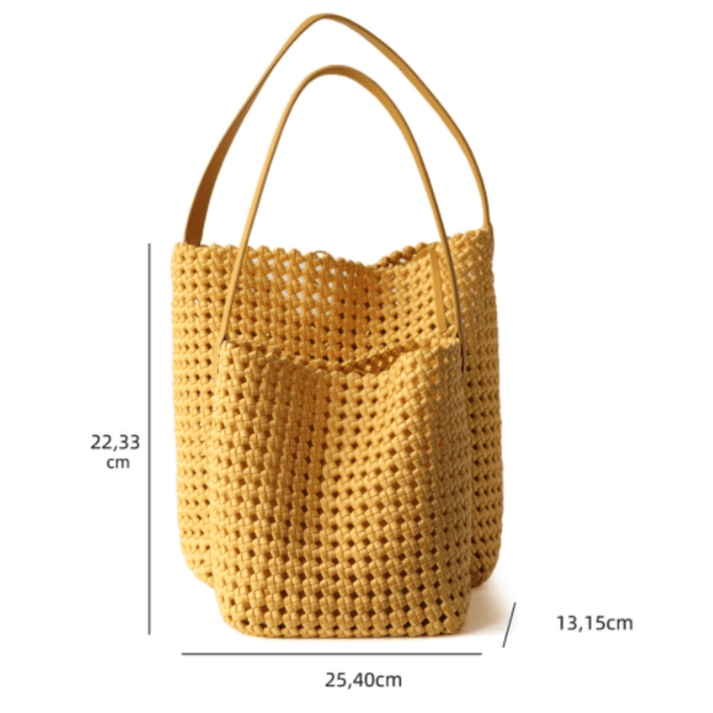 Hollow-Out Woven Bucket Bags with Inner Zipper Pouch Handbag dimensions and design in yellow.