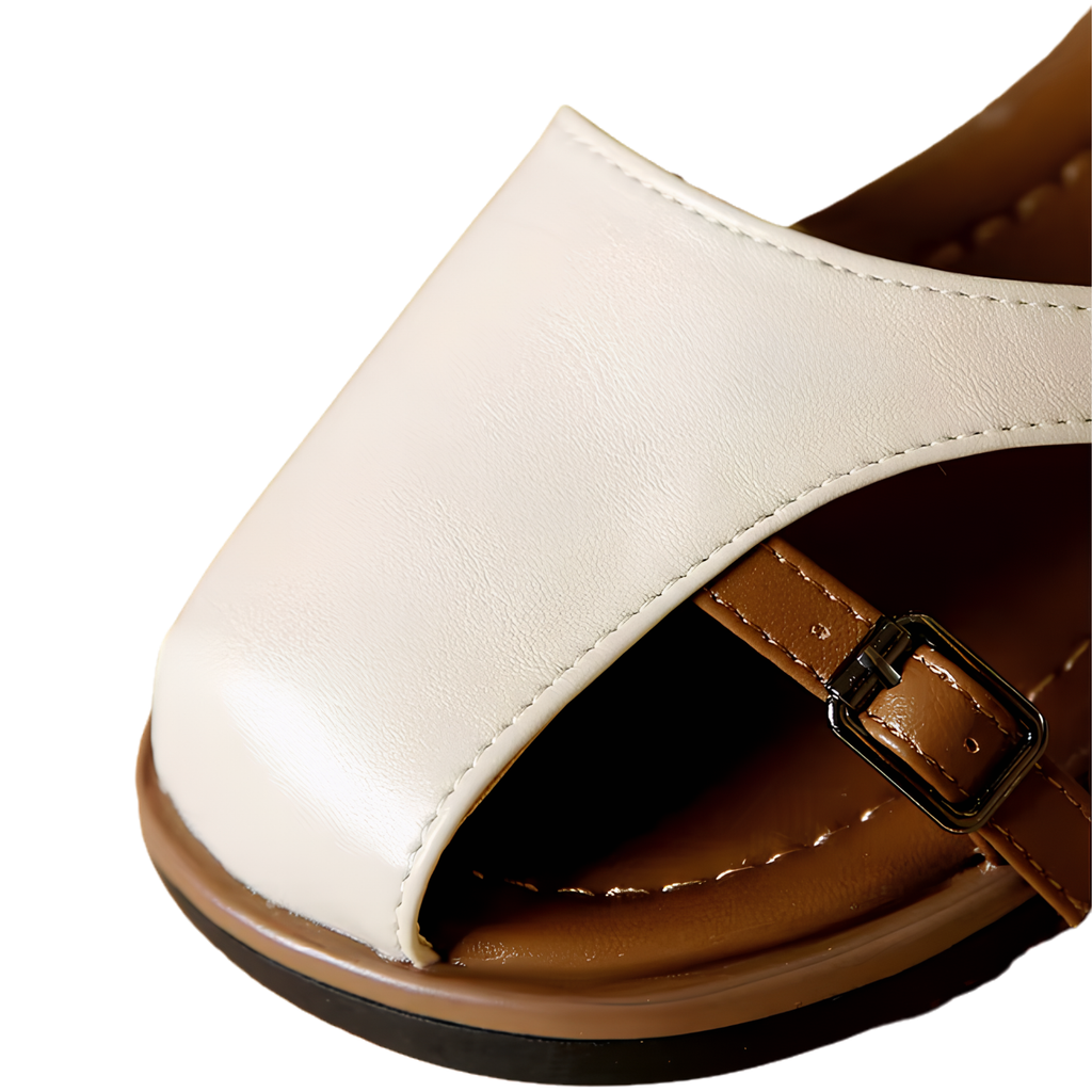 Elegant Closed Toe Flat Sandals Comfort Lightweight Shoes in soft PU leather with adjustable buckle.