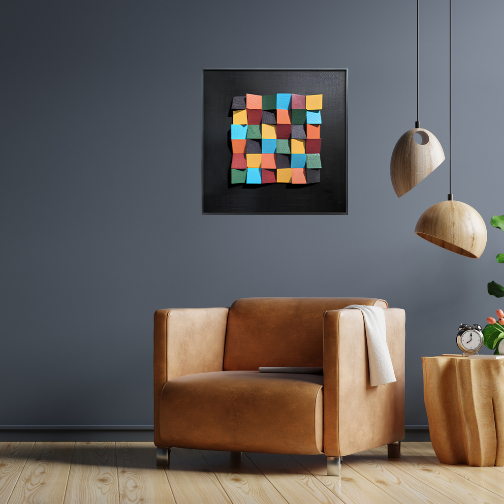 3D Rustic Sculptured Wood Wall Art displayed in a modern living room setting with a stylish brown chair.