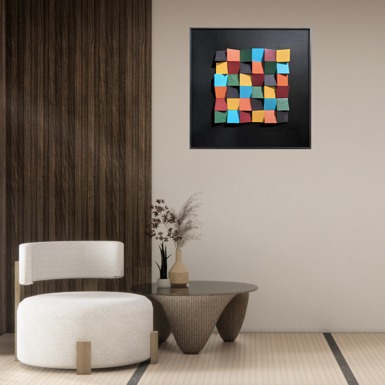 3D Rustic Sculptured Wood Wall Art featuring colorful geometric shapes on a black background in a modern interior.
