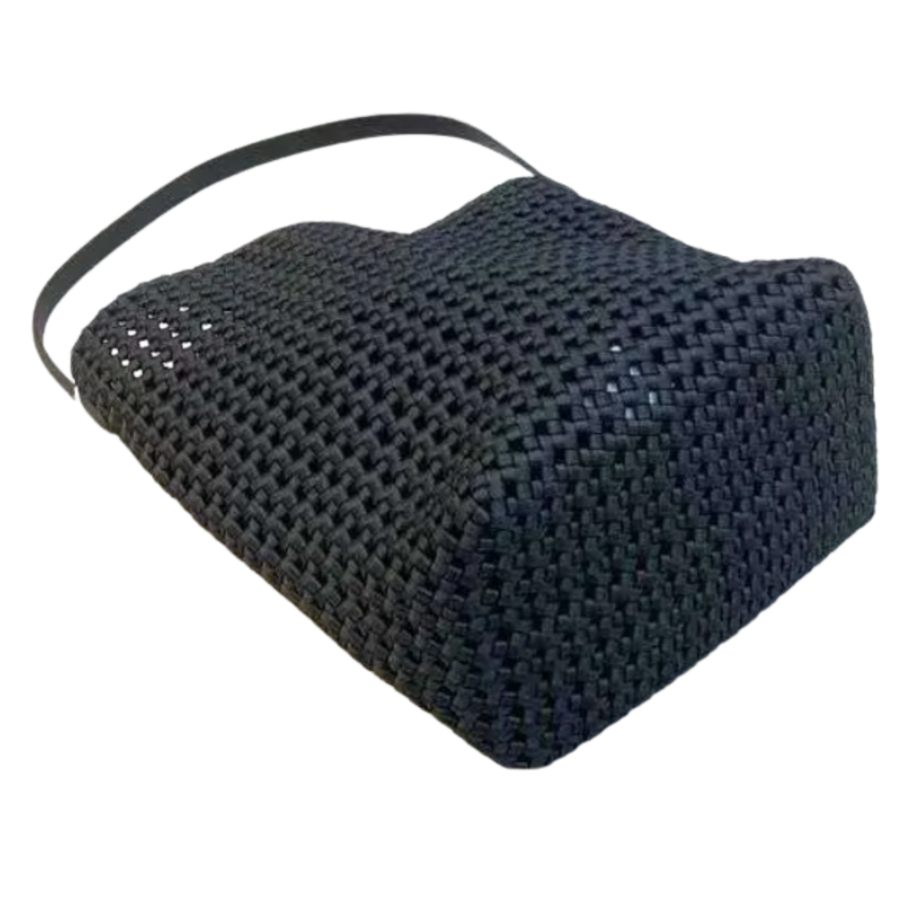 Hollow-Out Woven Yellow Bucket Bag with Inner Zipper Pouch, stylish woven design and adjustable strap