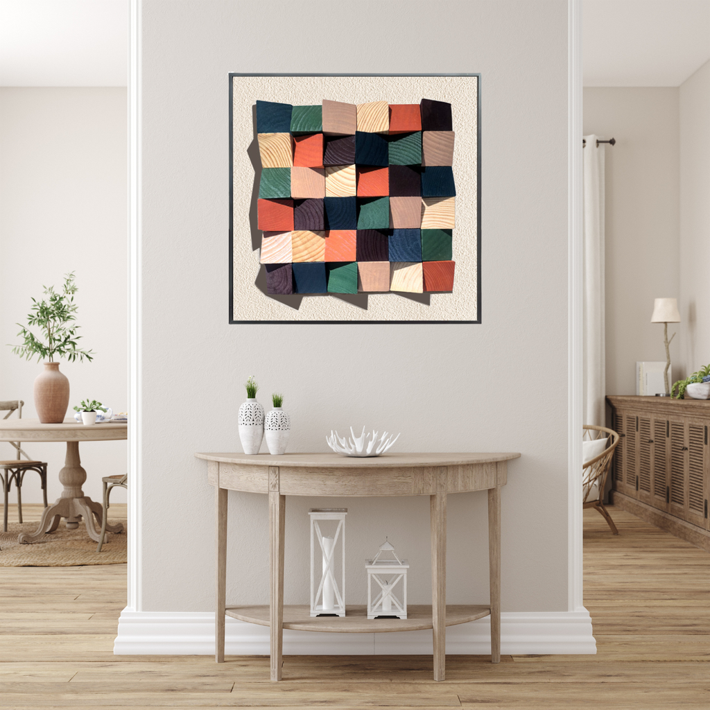 Colorful 3D Rustic Sculptured Wood Wall Art displayed in a stylish home interior, enhancing the decor.