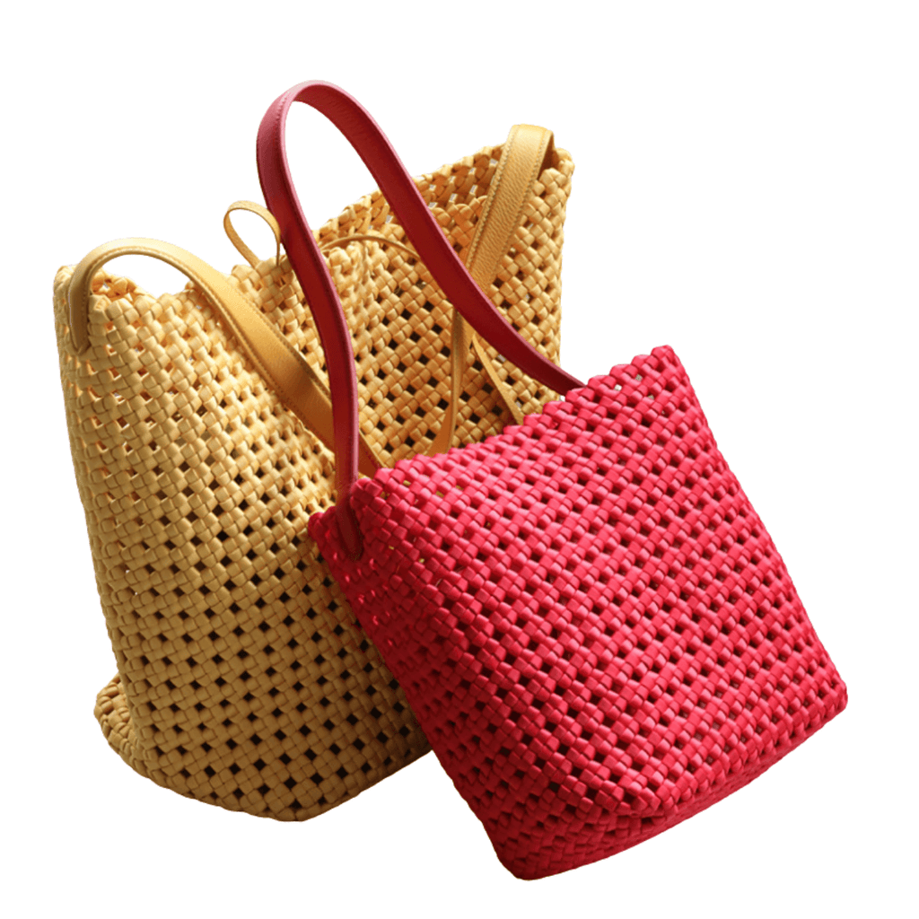 Hollow-Out Woven Bucket Bags with Inner Zipper Pouch Handbag in yellow and red for beach style.