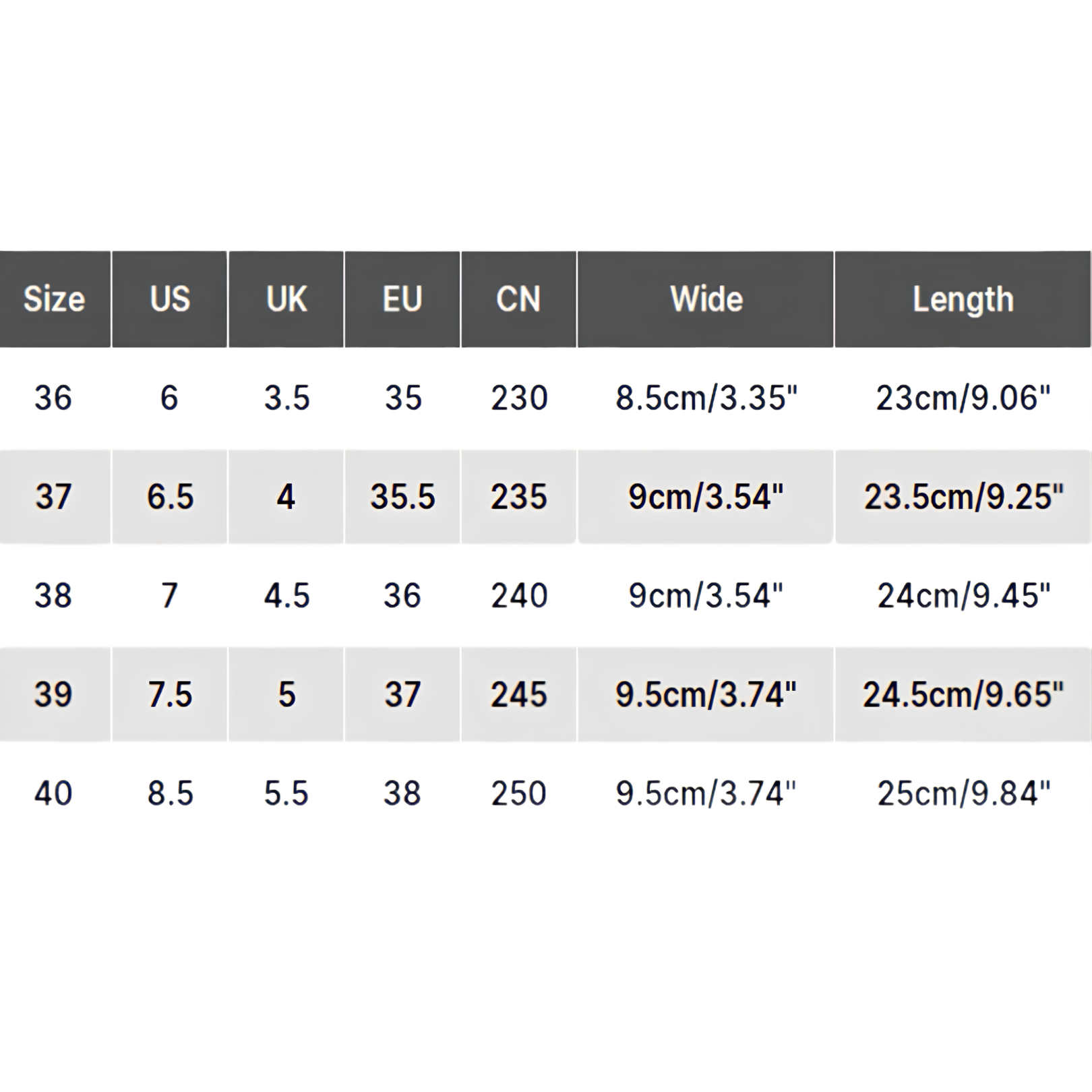 Size chart for Elegant Closed Toe Flat Sandals Comfort Lightweight Shoes including US, UK, EU sizes, and dimensions.